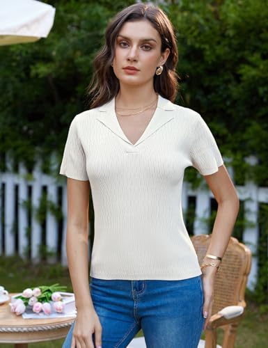 Image of GRACE KARIN Womens 2025 Summer Short Sleeve Sweater V Neck Knitted Polo Shirt Lightweight Collared Pullover Sweater