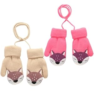 FUIPVGI 2 Pares Manoplas de Punto de Invierno para Bebés, Lindos Guantes con Forro Polar Cálido de Zorro con Forro Peludo para Colgar en el Cuello para Niñas y Niños de 1 a 3 Años