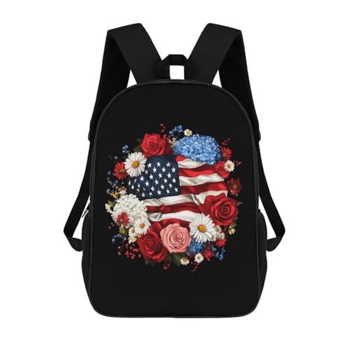 U.S. Flag Flower 17 Inch Backpack Classic Travel Daypack with Adjustable Shoulder Straps for Men Women