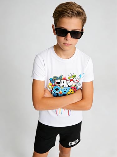 Image of Cakaner Tween Boys Summer Clothes 2 Piece Short Sleeve Graphic T-Shirt and Shorts Casual Outfit Set Size 7-14