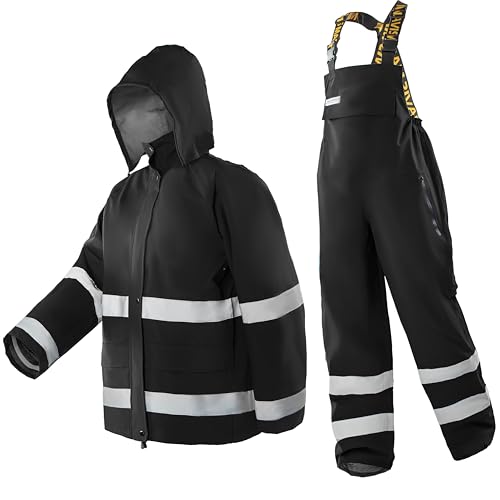 Image of Men's Hi Vis Waterproof Rain Suit, PU-Coated Nylon Workwear | Jacket & 2-In-1 Bib Pants, Reflective Tape, Taped Seams, Stowable Hood, Cargo Pockets, Reinforced Panels, Construction