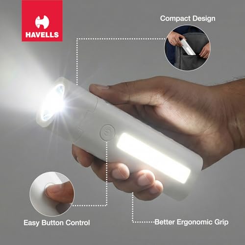 Image of Havells Orbital 2-in-1 Rechargeable Torch 4W| Converts into Table Lamp| Inbuilt Power Bank |Side Light | Mobile Stand | Type-C Charging| Runtime : Upto 6 Hours | Outdoor, Reading, Mobile Charging