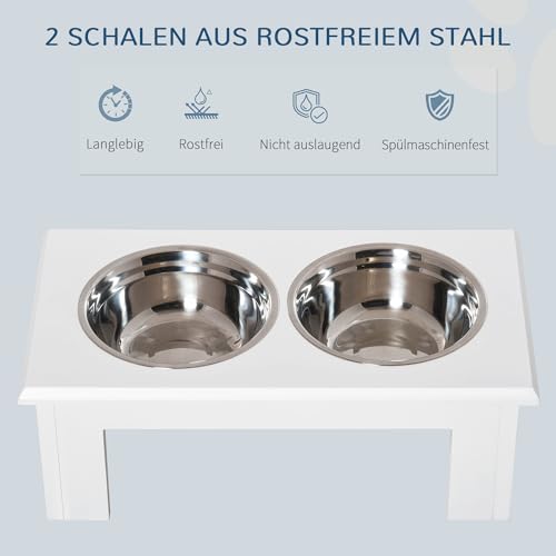 PawHut Erhöhter Hundenapf Futternapf mit 2 Näpfe Wassernapf 2 x 2000ml Edelstahlnäpfen Fressnapf Futterstation Hundenäpfe für Mittlere Hunde Katzen Weiß