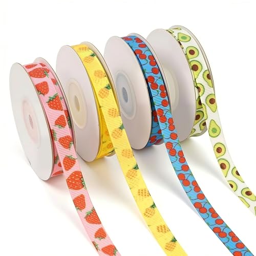 4 Rolls 40 Yards Fruit Ribbon 3/8 Inch Wide Avocado Cherry Strawberry Pineapple Pattern Trims Printed Grosgrain Ribbons for Spring Summer Wreaths Gift Wrapping Home Decor DIY Crafts Supplies
