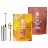 Clevr Blends Starter Kit (2-pack) Chai Tea & Golden Turmeric Powder SuperLattes Instant Latte Mix Oat Milk Coconut Creamer, Lion’s Mane Reishi Mushrooms, Organic Spices, Probiotics, Includes Frother