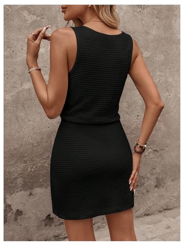 Women's Waffle Knit Belted Tank A Line High Waisted Dresses Square Neck Sleeveless Summer Short Dress2