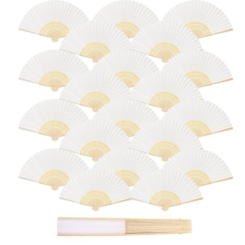 20pcs White Paper Folding Fans, Bamboo Handheld Wedding Fans for Guest Bridal Shower, DIY Craft Supplies, Decoration, Photo Props, Natural Eco-Friendly Foldable Dance Fan