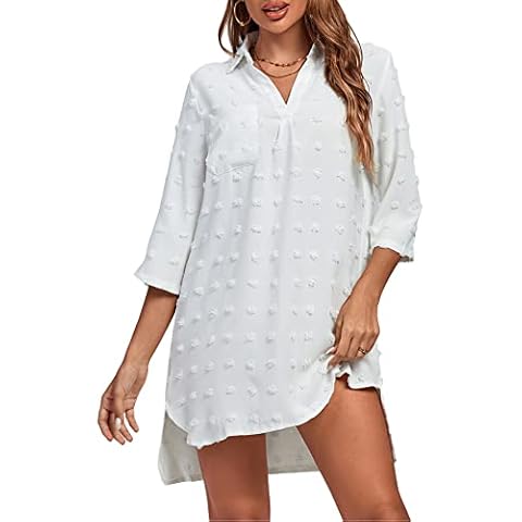Umenlele Women’s Swimwear Beach Cover Up Swiss Dots Bikini Swimsuit Coverups Bathing Mini Dress Shirt, White, Small Cover