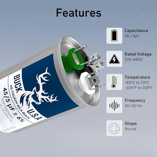 Buck 45+5uF 45/5 MFD ±6% CBB65B Dual Run Round Start Capacitor - Ideal for HVAC Systems, Air Conditioner Unit Fan Motor Start, Heat Pump, & Condenser Straight Cool Applications 370/440VAC 50/60Hz