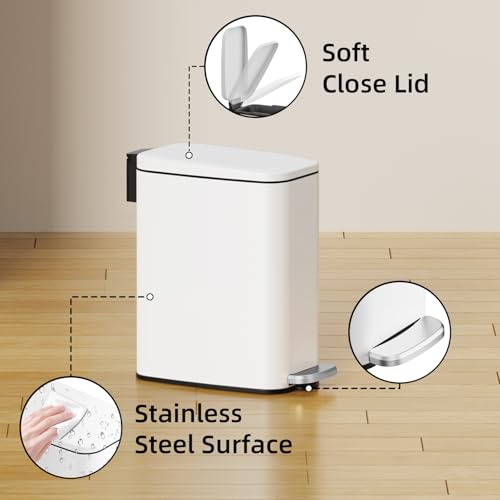 Image of KSSKSS Small Bathroom Trash Can with Lid Soft Close, Step Pedal, 6L / 1.6 Gal Stainless Steel Garbage Bin with Removable Inner Bucket, Slim Wastebasket for Narrow Spaces (White)