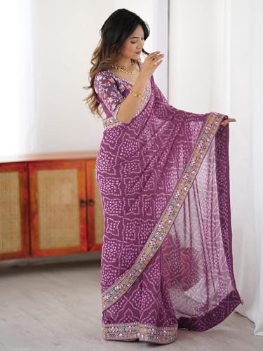Image of Satrani Women's Georgette Bandhani Printed Sequin Embroidery Saree with Unstitched Blouse Piece