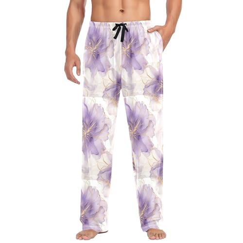 Men's Purple Silver Flower Pajama Pants with Pockets - Straight Fit Cotton Sleep Bottoms for Lounge & Nightwear#889