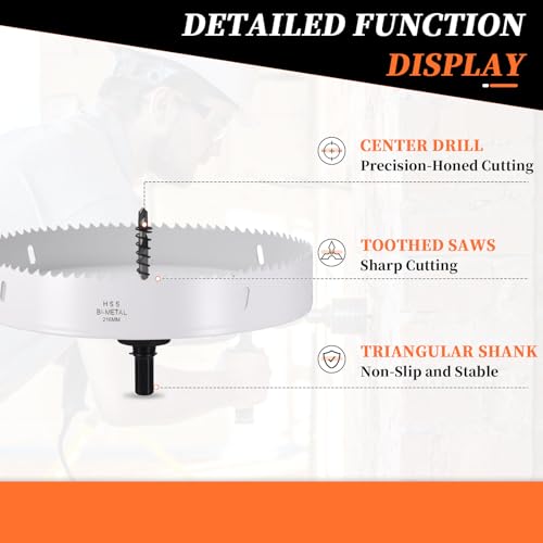 METALLIXITY Bi-Metal Hole Saw 8-1/2", M42 HSS Circular Head 216mm Hole Cutter with 2 Pilot Drill Bits - for Stainless Steel Hard Steel Sheet, White by METALLIXITY - Image 3