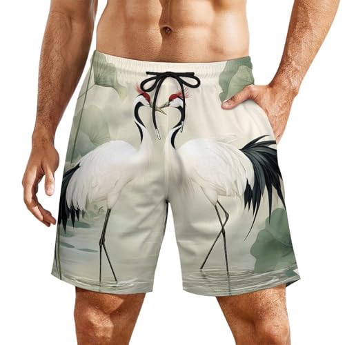 White Crane Jungle Animals Mens Swim Trunks with Quick-Drying Lining Beach Shorts for Outdoor Sports