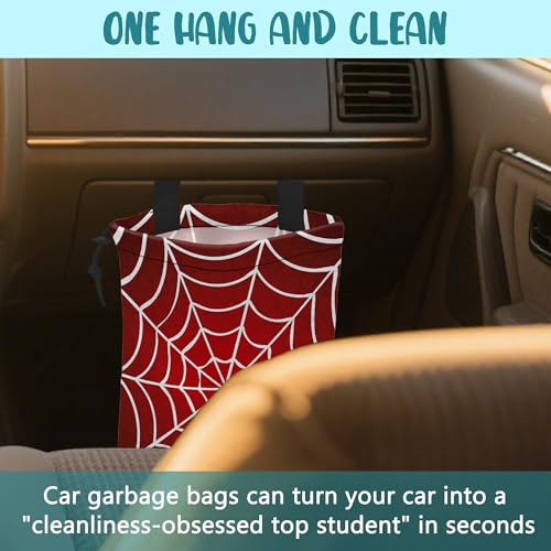 Image of Car Garbage Bag Red and White Spider Web Drawstring Car Trash Bag Hanging for Back Seat with Adjustable Buckle Canvas Vehicle Trash Can Easy-to-Install