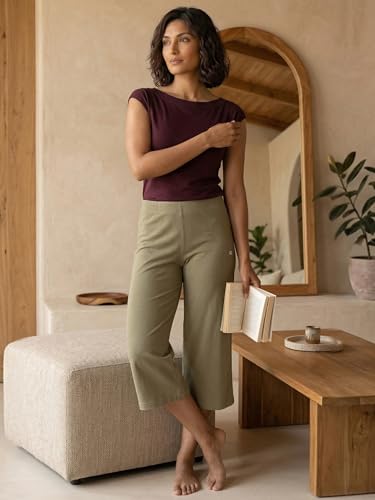 Image of Enamor Mid Rise Crop Length Slip on Shop in Culotte for Women - Relaxed Fit, Super Soft - E064 Deep Lichen Green