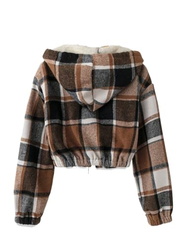 Womens Hoodie Plaid Print Zipper Fleece Lined Short Jacket Long Sleeve Fall Fashion Hooded Cropped Shacket Jacket