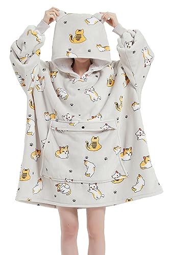 VERTAST Übergroße Hoodie Decken Sweatshirt, Super Warmer Dicke Sherpa Deckenpullover Blanket Hoodie Kuschelpullover für Damen Herren, Graue Katze