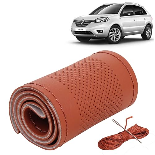Image of KINGSWAY PU Leatherite Car Steering Cover Sewable Compatible with Renault Koleos (Year 2011-2016), Tan Color with Tan Thread, Pack of 1 with Sewing Needle and Thread