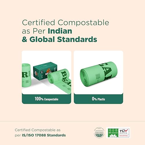 Image of BearBags Extra Strong Compostable Garbage Bags | CPCB & TUV Certified | Medium 19x21 | 30 Bags Roll | Green | Dustbin /Trash Bags | For Dry & Wet waste