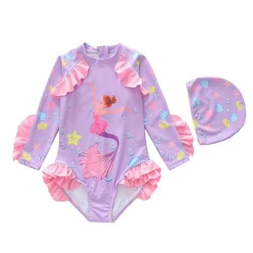 Traje de baño de Manga Larga para niñas con Ribete Floral y Volantes para el Sol, Ideal para niños pequeños y Grandes. (Purple, 2-3 Years)