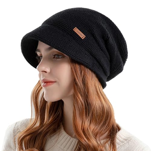 TYXHXTF Gorro de Invierno para Mujer, con ala, Sombrero de Punto Cálido Suave, Boina de Esqui con Visera, Gorro Diario Invierno al Aire Libre (Negro)