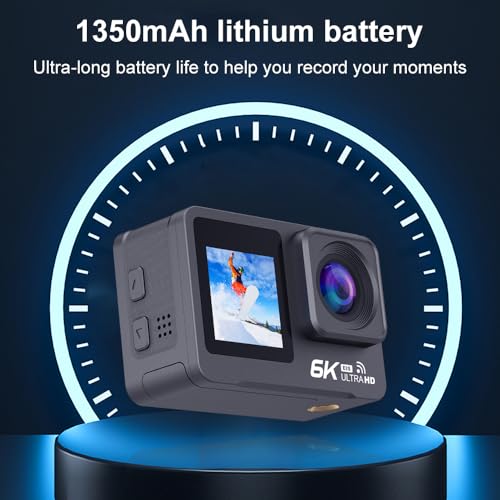 Image of HINISO 6K Action Camera | Ultra HD Sports Cam with Touch & Dual Screen, Wireless Mic & Remote, 3 Batteries, Waterproof 40M, EIS Stabilization, WiFi, 170 Wide Lens & Mounting Kit
