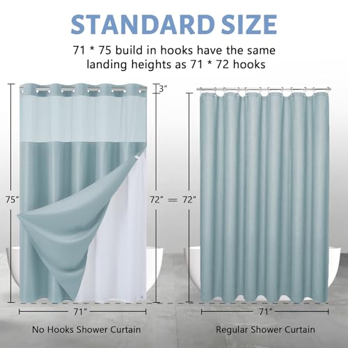 Image of Furlinic No Hook Needed Shower Curtain 71x75 Inch,Waterproof 180GSM Fabric with Magnetic Weighted Hem and Fog Blue Waffle Weave,Machine Washable Hotel-Grade Bath Curtain with Clear Window.