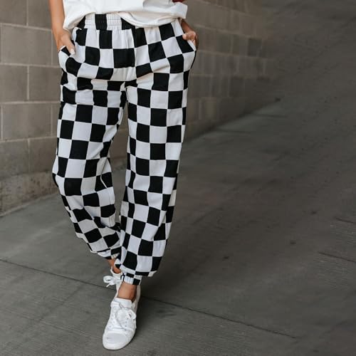 Women's Checkered Sweatpants Plaid Elastic Waist Joggers Casual Pants with Pockets2