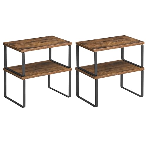 SONGMICS Kitchen Cupboard Organisers Set of 4 Counter Storage Shelves Stackable Expandable Spice Racks Metal and Engineered Wood Black and Rustic Brown KCS021X01