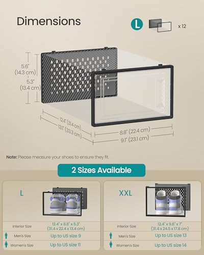 Image of SONGMICS Shoe Boxes, Pack of 12 Shoe Storage Organizers, Stackable Clear Plastic Boxes for Closet, Sneakers, 13.1 x 9.1 x 5.6 Inches, Transparent and Black ULSP006B12
