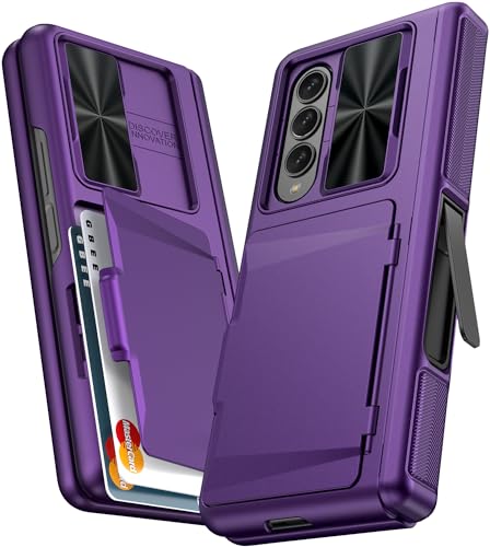 GBEE for Samsung Galaxy Z Fold 4 Case with Card Holder & Hinge Protection & Metal Kickstand & Slide Camera Cover & Screen Protector, Full-Body Protective Case for Galaxy Z Fold 4 2022 (Dark Purple)