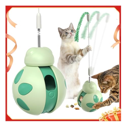 Mankoda Interactive Cat Toy for Indoor Cats - Tumbler Treat Dispenser & Teaser Wand/Slider for Anxiety/Boredom Relief, Kitten Weight Loss Aid Gift (Green)