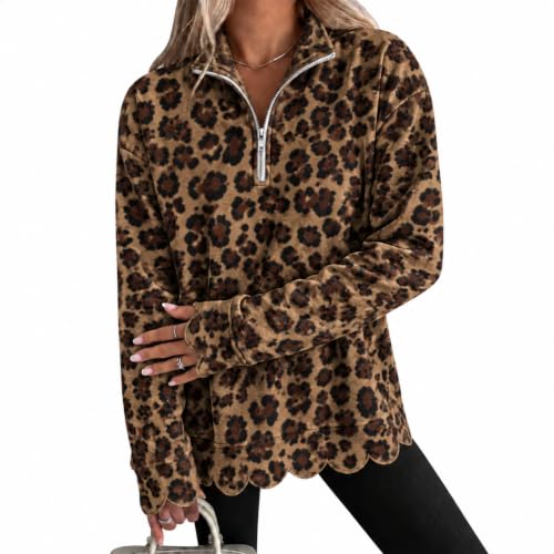 Sweatshirts for Women,Scalloped Sweatshirt for Women Leopard Print Quarter Zip Loose Fit Pullover - image 2