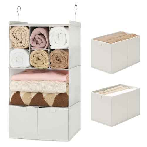 GRANNY SAYS Hanging Closet Organizer with Drawers, 4 Shelf Dividers Closet Hanging Organizer, Foldable Hanging Shelves for Clothes Organizer, Small Closet Organizers and Storage, Beige