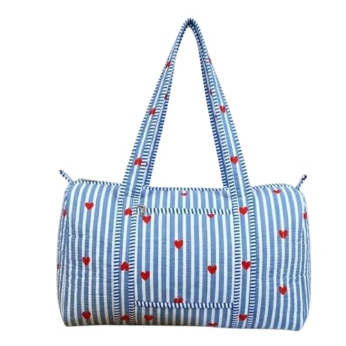 Women's Quilted Duffel Bag | Cotton Weekender Travel Bag with Shoulder Strap | Lightweight Overnight Gym Bag | Striped Heart Embroidered Handbag-image-39