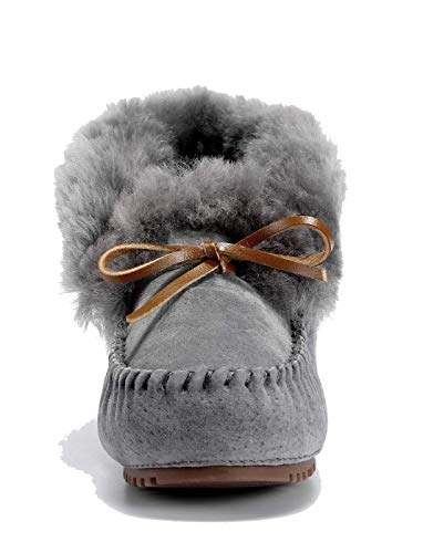 Image of Women's Moccasin Slippers with Warm Wool Lining, Pigskin Leather Non-Slip Rubber Sole for Indoor and Outdoor Casual Winter Flat Shoes