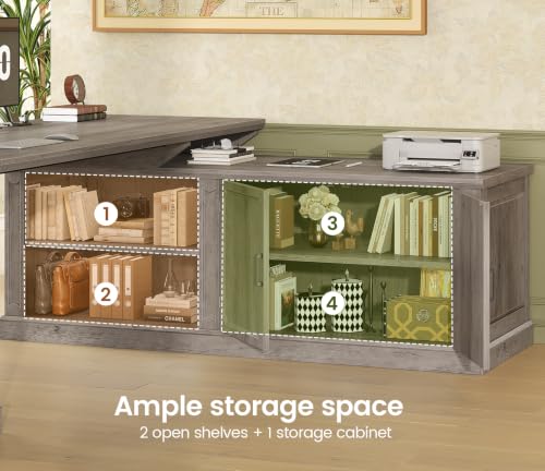 Image of SEDETA Farmhouse L Shaped Desk with Drawers, 70.9 inch Home Office Desk with Storage Cabinet and Storage Shelves, L Shaped Computer Desk with Power Outlet,Gray