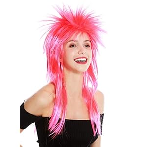 WIG ME UP- DH1069-PC13TPC5 Peluca Carnaval Punk Melena roquero Salvaje los 80 Pelo Wave erizado Largo Colores Rojo y Rosa Mix
