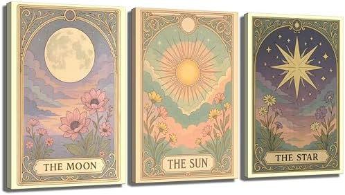 Tiexiku 3Pcs Sun Star Celestial Canvas Wall Art Vintage Tarot Ast...