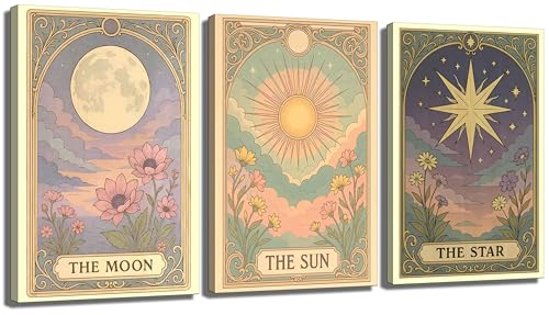 Tiexiku 3Pcs Sun Star Celestial Canvas Wall Art Vintage Tarot