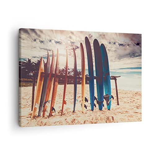 Impression sur toile - Image sur Toile - Un élément - Surf Plage Planche - 70x50cm - Decoration murale - Tableaux Décoration Moderne - Encadrée - Tableau Mural - Tableaux pour la mur - AA70x50-4992