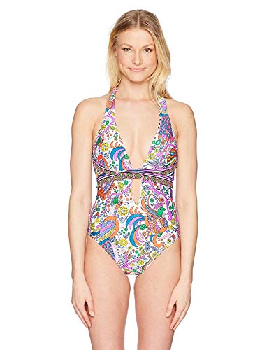 Trina Turk Women's V-Neck Front Keyhole One Piece Swimsuit, White/Purple/Jungle Beach Print, 10
