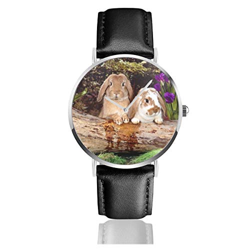 Preisvergleich Produktbild Quarz-Armbanduhr mit niedlichem Kaninchenmotiv, Edelstahl, Lederband
