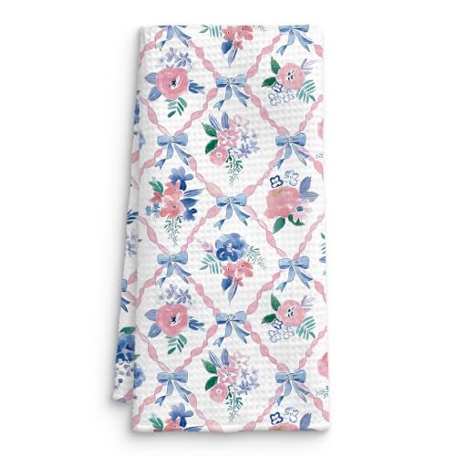 QICLM Coquette Blue Bow Floral Kitchen Towel, Grandmillennial Pink Rose
