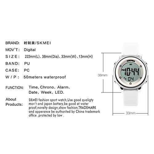 Skmei Kids Digital Watch, Waterproof Boys Girls Colorful LED Light Watches Childern Wristwatches with Stopwatch (White)