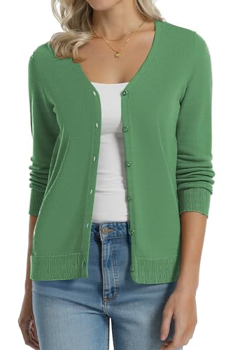 Image of QUALFORT Women's 100% Cotton Lightweight Cardigans Long Sleeve Knitted Button Down Sweater