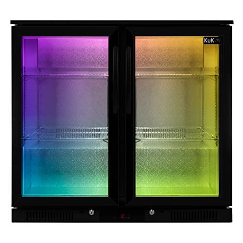 Back Bar Fridge Cooler 208L Capacity Commercial Hinged Double Door Self Closing Under Counter Black Chiller 112 x 500ml Bottles Beer Wine 4 x Adjustable Shelves Colour Changing LED Lights 7 Colours