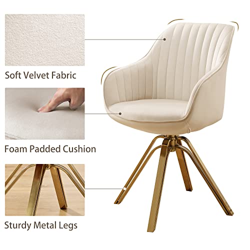 Art Leon Mid Century Modern Swivel Accent Chair, Desk Chair No Wheels, Fabric Upholstered Armchair with Gold Legs, Off White - Thumbnail 5