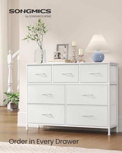 Image of SONGMICS Dresser for Bedroom, Chest of Drawers, Steel, MDF, 7 Non-Woven Fabric Drawers, Storage Organizer Unit, Closet, Entryway, Cloud White and Snow White ULGS323WH01